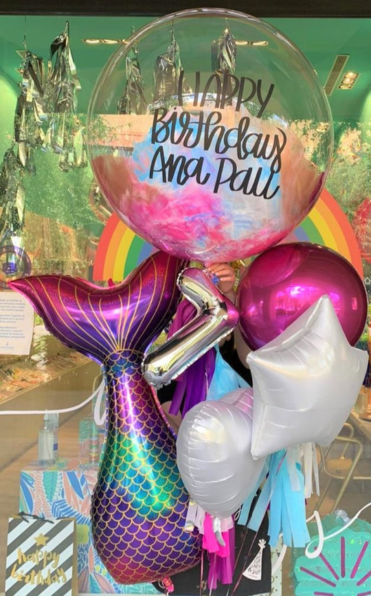 Bouquet Burbuja Gigante + Mermaid Tail + Orbz + Star + Heart + Números Colgando