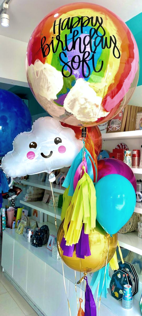 Bouquet Burbuja Grande Rainbow + Piñatero + Orbz + Happy Cloud