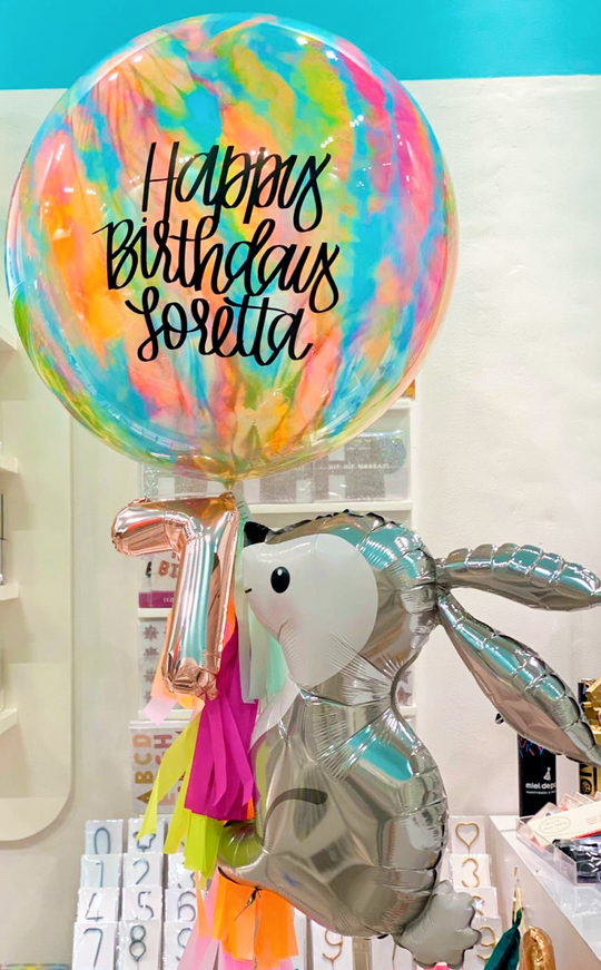 Bouquet Burbuja Pintada Full + Bunny Balloon + Números Colgando