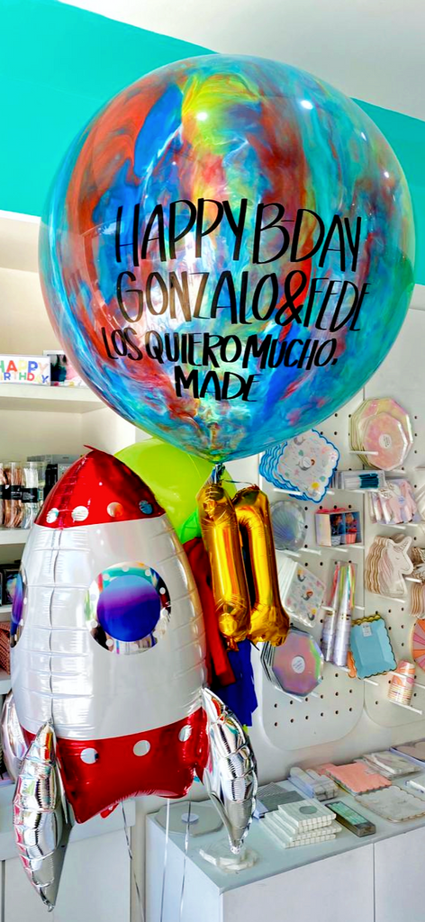 Bouquet Gigante de Látex Pintado + Neon Orbz + Rocket Ship 3D + Números Colgando