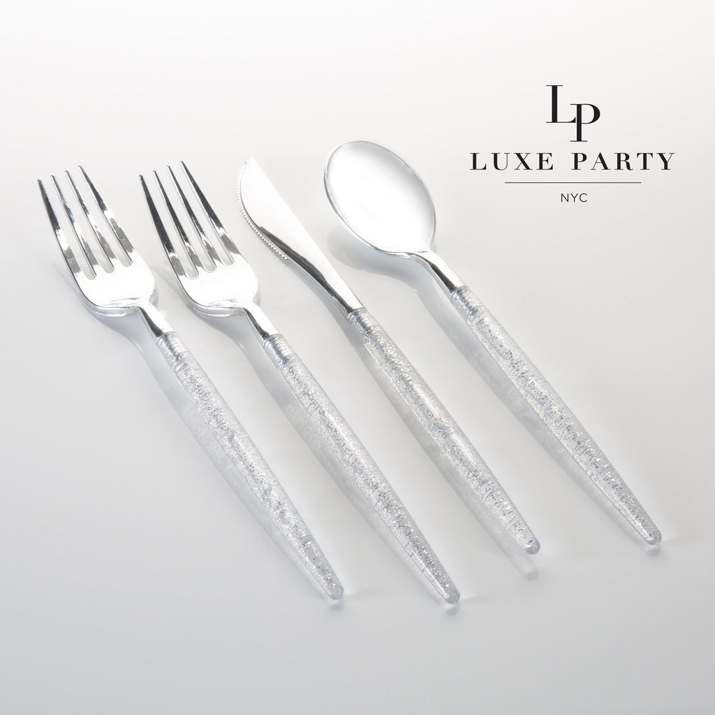 Clear and Silver Glitter Cutlery Pack 32 Pieces