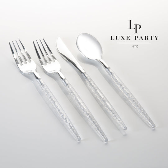 Clear and Silver Glitter Cutlery Pack 32 Pieces