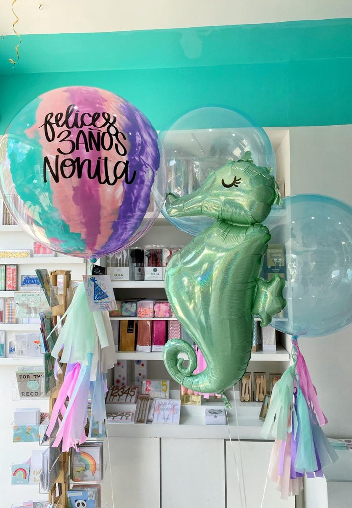 Bouquet Burbuja Grande Pintada + Seahorse + Clearz Balloons
