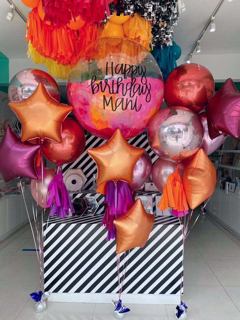 Bouquet Burbuja Gigante Pintada + Orbz + Stars + Piñateros