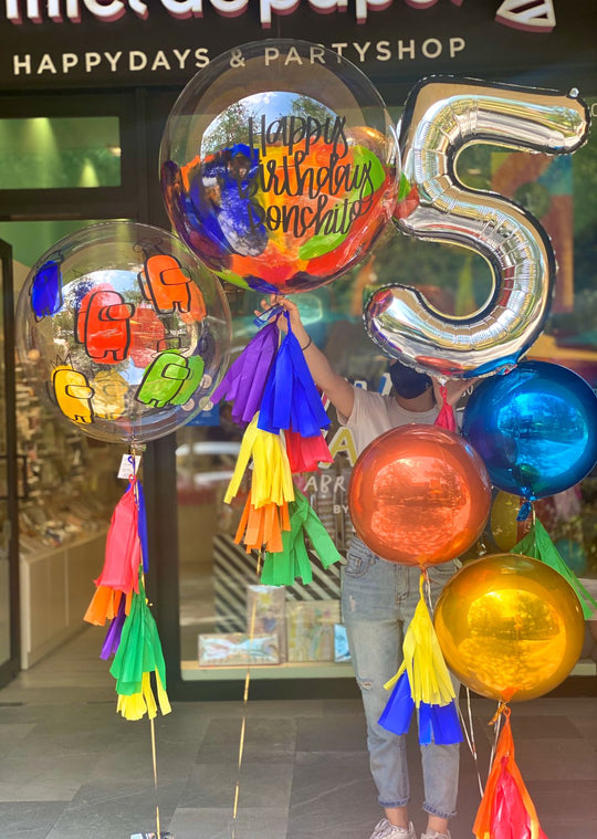 Bouquer Burbuja Gigante + Burbuja Grande Among Us + Numeros Gigantes + Orbz