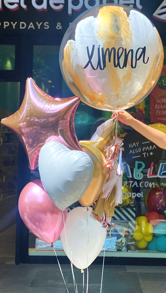 Bouquet Burbuja Grande Pintada + Heart + Star + Piñatero Liso + Piñateros Chrome