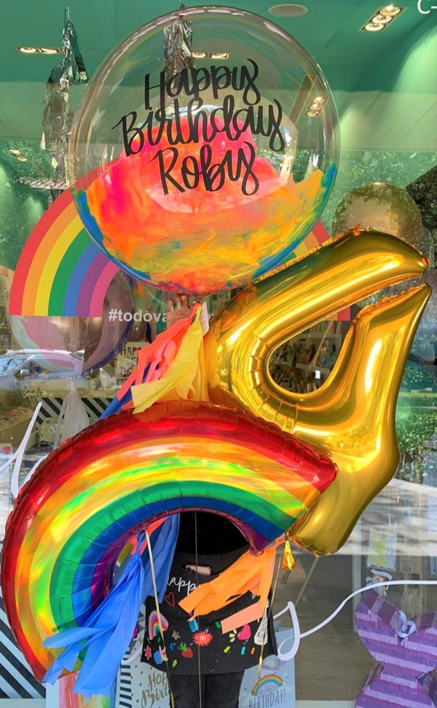Bouquet Burbuja Gigante + Iridescent Rainbow + Números Gigantes