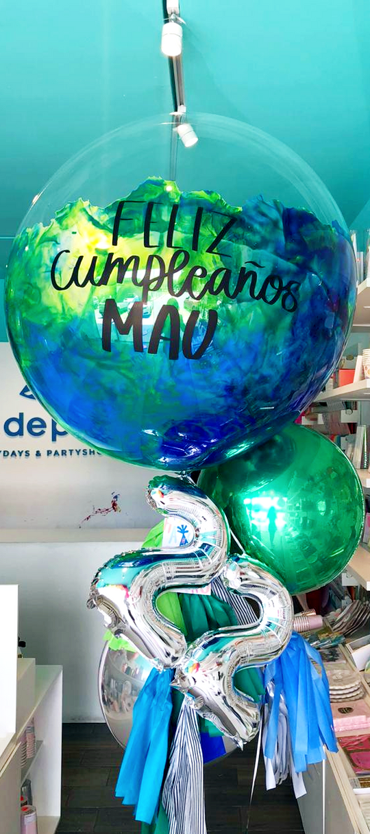 Bouquet Burbuja Gigante Pintada + Orbz + Números Colgando