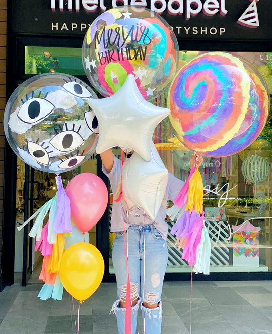 Bouquet Burbuja Grande Pintada Mini Rainbows + Burbuja Eyes Grande Pintada + Burbuja Tie-Dye + Stars + Piñateros