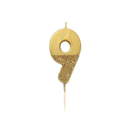 Number Nine Gold Glitter Candle