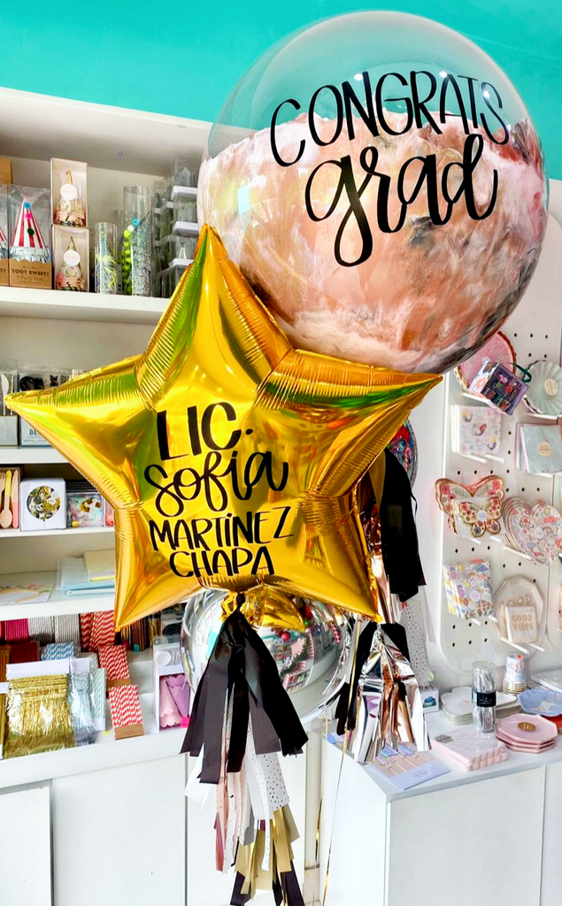 Bouquet Burbuja Gigante Pintada + Gold Giant Star + Orbz