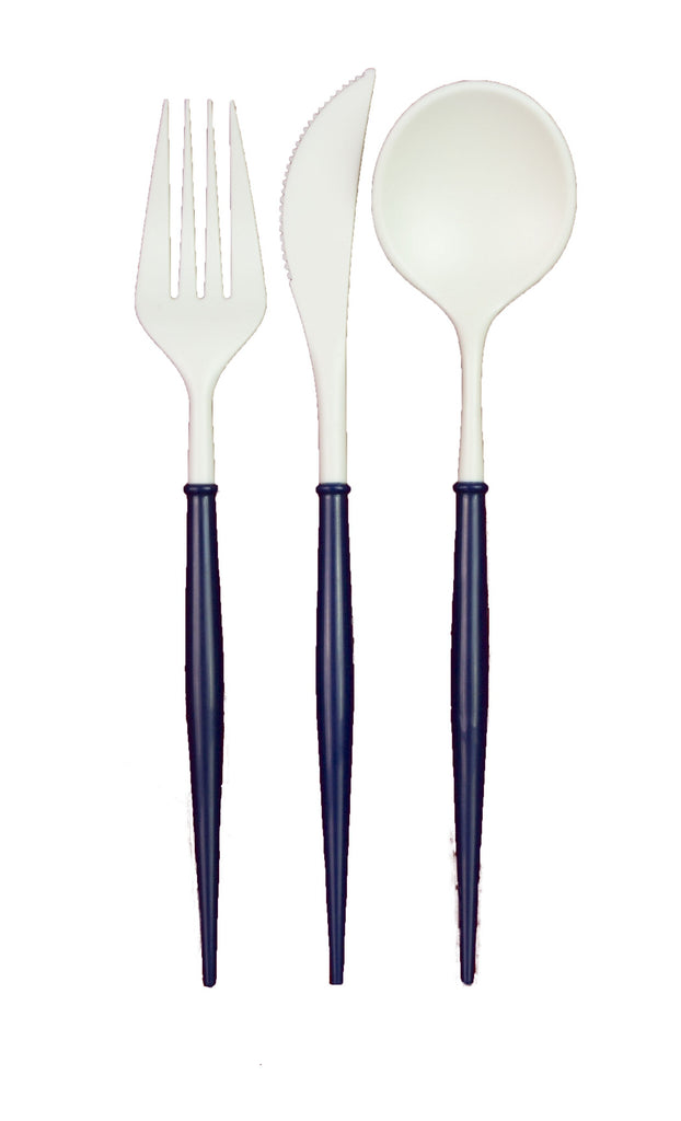 White and Navy Blue 24-pack Assorted Plastic Cutlery